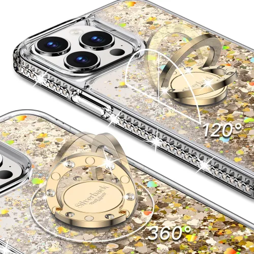 Vista 2 de Silverback - Funda para iPhone 13 Pro con soporte de anillo, color dorado transparente Moving Liquid Holographic Sparkle Glitter, Kickstand, Bling
