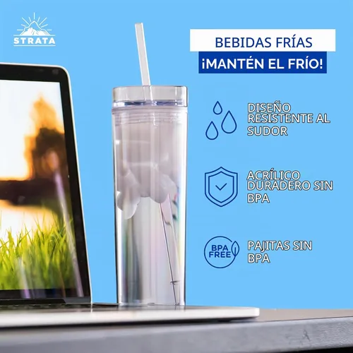 Vista 5 de STRATA CUPS 12 Vasos Transparentes Delgados con Tapas y Popotes Vaso Reutilizable de 16oz de Pared Doble Transparente con Tapa y Popote, Vasos