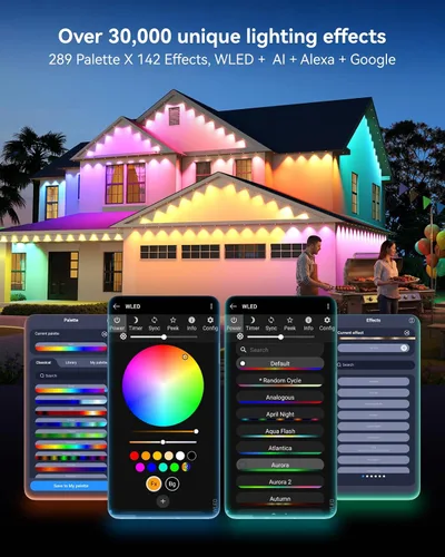 Vista 3 de ASAHOM Luces permanentes para exteriores Pro, 400 pies con 288 LED RGBCW y doble salida, integración WLED, iluminación AI, combinación de 30,000