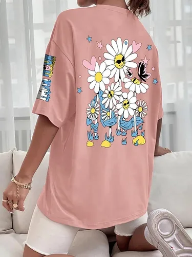 Vista 2 de MISSACTIVER Camiseta de gran tamaño con estampado de letras florales para mujer, cuello redondo, hombros caídos, manga corta, casual, camiseta