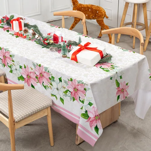 Vista 4 de Mantel navideño rectangular de 60 x 104 pulgadas, diseño de flor de pascua rosa con acuarela