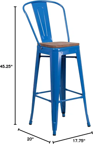 Vista 2 de Merrick Lane Donnely Taburete de comedor, taburete de altura de mostrador, marco de metal en acabado azul, asiento de madera texturizada, respaldo