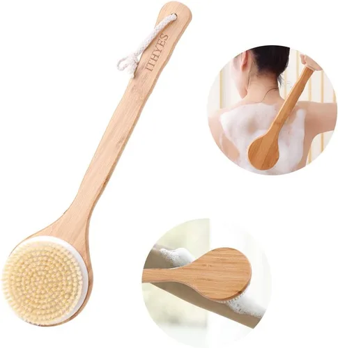 Vista 5 de Cepillo corporal Cepillado seco Cepillo de baño de ducha Cepillo de baño de madera de bambú Mango largo Cerdas naturales Masaje exfoliante Mejorar