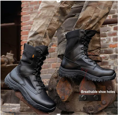 Vista 7 de Botas militares para hombre, botas tácticas, ligeras y duraderas, botas de trabajo al aire libre, combate, selva, antideslizantes, botas