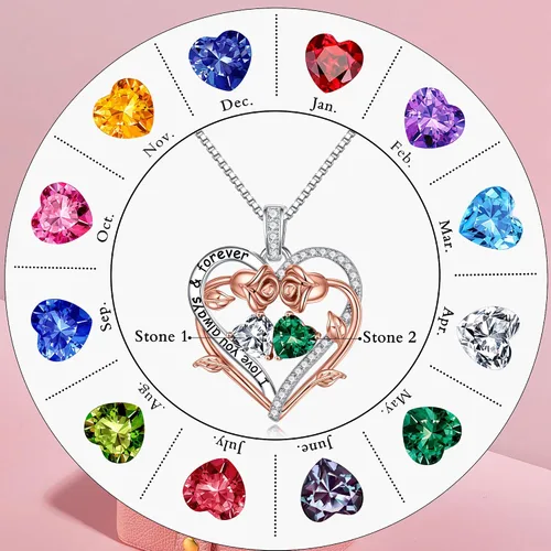 Vista 6 de Iefil Rose Heart Double Birthstone Necklace Gifts for Wife Girlfriend Her Women, Birthstone Jewelry Gemstone Birthday Gifts for Mom Grandma Her Wife