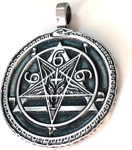 Vista 7 de Ouroboros 666 sigil de Baphomet - Colgante de plata de cabra sabática de peltre con medallón de la iglesia de Satán (cadena de acero inoxidable)