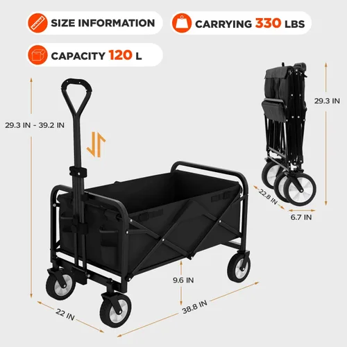 Vista 2 de PayLessHere Carrito plegable con ruedas Negro Carrito plegable resistente con capacidad de 330 libras con ruedas todo terreno y mango