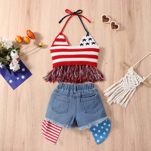 Vista 7 de 1-6Y Día de la Independencia Niños Niña 4 de Julio Bandera Americana Sin Espalda Top Halter Top+Pantalones Cortos Vaqueros Rasgados 4 de Julio