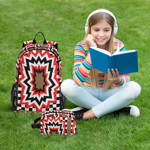Vista 7 de Geométrico Agujero A Cuadros Negro Rojo Mochila Para La Escuela Y Bolsa De Almuerzo Bolsa Escolar Y Caja De Almuerzo Set Para Niños De 8-10 Años