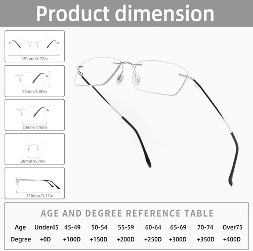 Vista 6 de Titanium Rimless Reading Glasses for Men Women Super Light Blue Light Blocking Computer Readers with Rectangular Lens