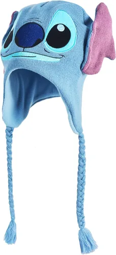Vista 3 de Disney Stitch Beanie Hat, gorro de punto de invierno peruano con orejas y borlas 3D, azul, talla única, Azul