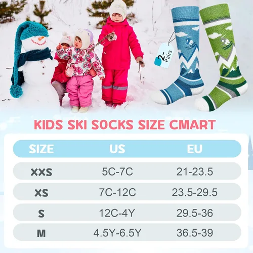 Vista 6 de unenow Calcetines de esquí de lana merino para niños, 2 pares, calcetines térmicos cálidos de invierno para niños y niñas pequeños
