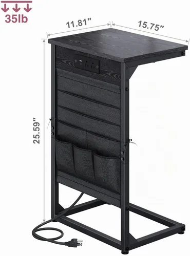Vista 2 de Mesa auxiliar en forma de C con estación de carga rápida, mesa lateral pequeña para sofá con bolsa de almacenamiento, bandeja de TV para sofá
