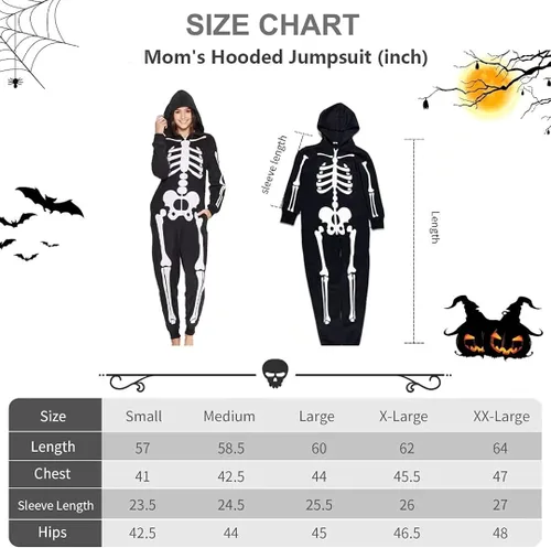 Vista 6 de Disfraces familiares a juego que brillan en la oscuridad para Halloween mono de una pieza con capucha y diseño de esqueleto para adultos y niños