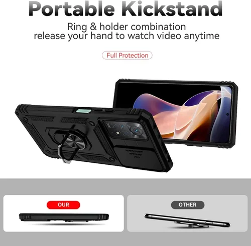 Vista 4 de Funda para Redmi Note 11 Pro 4G/5G/Redmi Note 11E Pro con protector de pantalla de vidrio templado y cubierta de cámara deslizante, anillo magnético