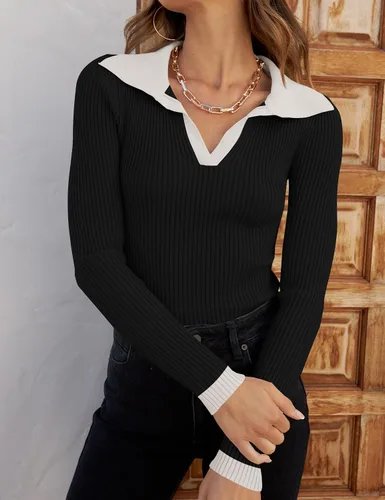 Vista 3 de ZESICA Suéteres para mujer 2024 de manga larga con cuello en V y punto acanalado, camisetas básicas de corte ajustado