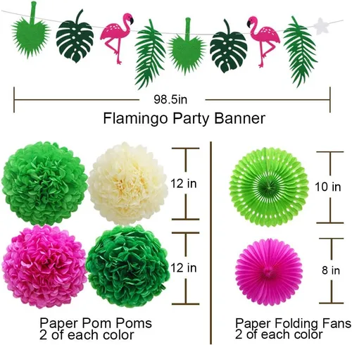 Vista 2 de Decoraciones de fiesta hawaiana, pancarta de hoja de palma verde flamenco con pompones, flores de papel, abanicos de papel de seda para Luau