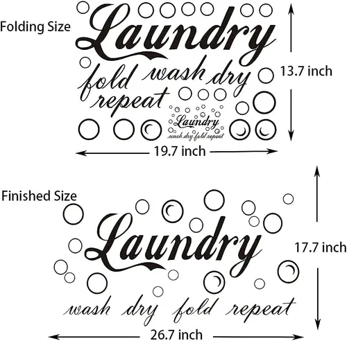 Vista 3 de 23 calcomanías de vinilo de pared características para cuarto de servicio, con texto en inglés "Wash Dry Fold Repeat Repeat", calcomanías