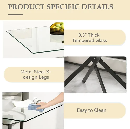 Vista 4 de SSLine Mesa de comedor moderna de cristal, rectangular de 51 pulgadas, color negro con patas de metal diseñadas en X para cocina y comedor