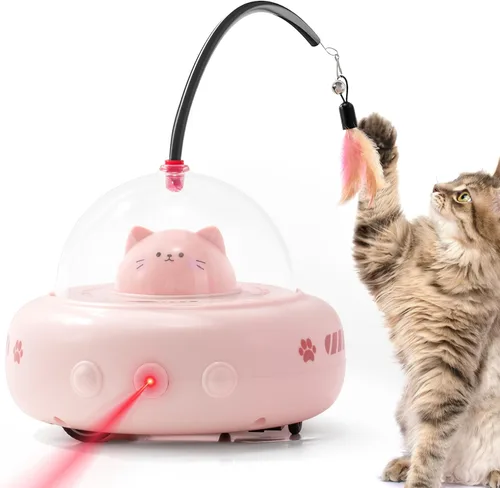 Vista 7 de Li&Zhao - Juguete de interactividad para gatos, juguete automático de plumas láser, juguete eléctrico recargable 2 en 1 para gatos adultos y gatitos