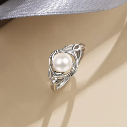 Vista 2 de AENEAS Anillo de perlas para mujer, plata de ley 925, anillos de perlas cultivadas de agua dulce natural real, ajustable, anillo de perlas abiertas
