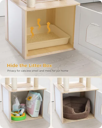 Vista 3 de PETEPELA Árbol para gatos de 56.7 pulgadas con caja de arena, torre grande de madera para gatos de interior con armario de almacenamiento y acogedor