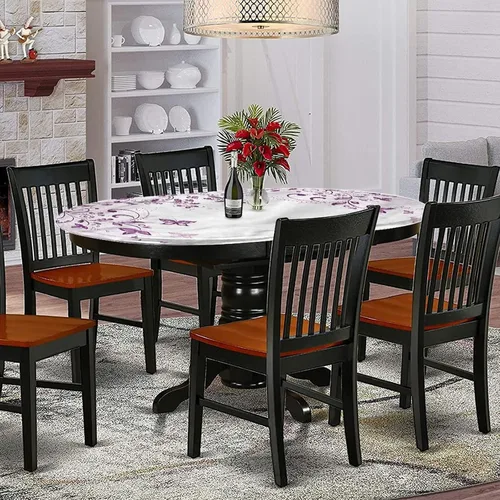 Vista 2 de Mantel ovalado ajustable para mesa de patio, poliéster elástico morado, con estampado de ramas nostálgicas simétricas, se adapta a mesas ovaladas