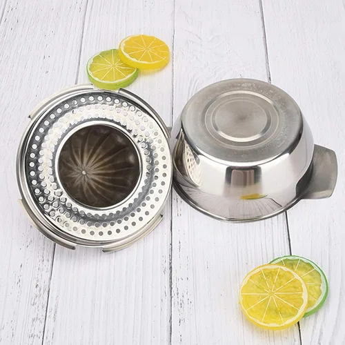 Vista 9 de Exprimidor de limón de acero inoxidable Exprimidor de cítricos Prensa de mano Herramienta de exprimir jugo de naranja con recipiente