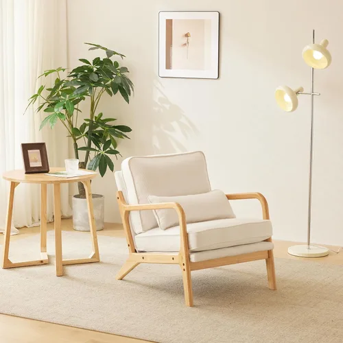 Vista 4 de Bonnlo - Silla de acento moderna de mediados de siglo con tela de lino beige, sillones de descanso con acolchado de madera maciza para sala
