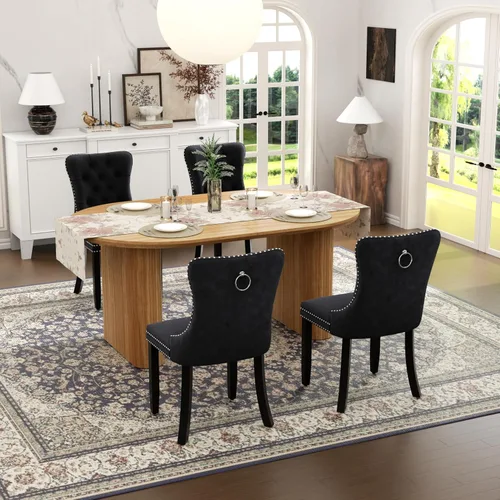 Vista 27 de Juego de mesa de comedor ovalada extensible con 4 sillas tapizadas de terciopelo de alta gama, mesa de cocina de 59 a 91 pulgadas y sillas