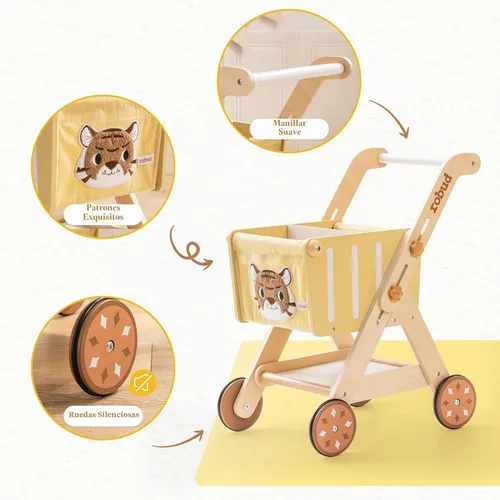Vista 4 de ROBUD Cochecito de muñeca del andador del empuje del bebé, carro de compras Caminante de madera ajustable en altura para niños pequeños, aprendizaje