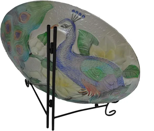 Vista 5 de CAC2609500 - Plato de vidrio pintado a mano profundo, 18 x 3 pulgadas, pavo real