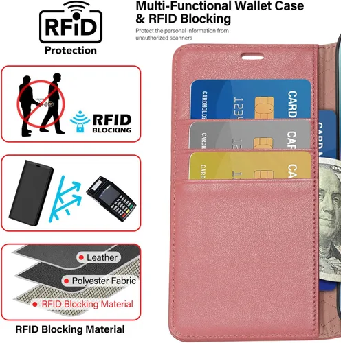 Vista 4 de Utook Funda compatible con iPhone 14 Pro, funda magnética de cuero genuino con tapa para teléfono celular con tarjeta de crédito, bloqueo RFID, a