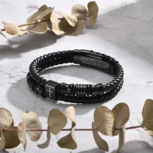 Vista 4 de TempBeau Pulsera de cuero negro cristiano para hombres, pulsera de cuero trenzado de doble fila con cruz de fe para hombres, regalo de joyería