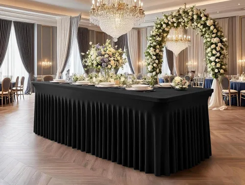 Vista 8 de fani Paquete de 2 faldas de mesa elásticas negras para mesa rectangular de 6 pies, manteles elásticos de elastano lavables con falda, mantel