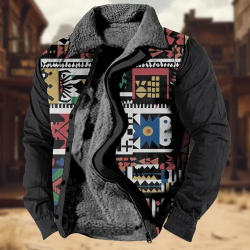 Vista 2 de BIVENANT Chaquetas Aztecas Occidentales para Hombre con Estampado Vintage Chaqueta de Vaquero Country Cálida de Sherpa para Hombre Chaqueta de Forro