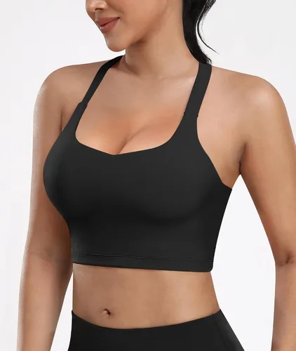 Vista 4 de Sujetadores deportivos acolchados para mujer Conjuntos de camiseta de entrenamiento de yoga atlética con cuello cuadrado de tiras (paquete de 3)