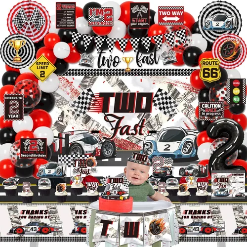 Vista 7 de KOTLMIGHT Decoraciones de Cumpleaños Two Fast para Niños, Suministros de Decoración de Fiesta Temática de Autos de Carrera para 2do Cumpleaños