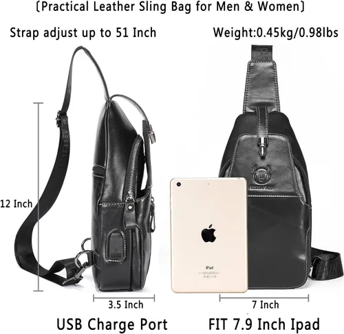 Vista 2 de BULLCAPTAIN Bolso bandolera de cuero genuino para hombre, mochila cruzada para senderismo, casual, bolsa de hombro con puerto de carga USB