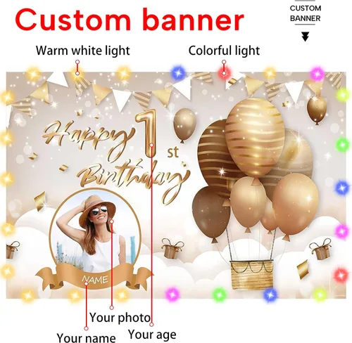Vista 2 de Cartel de feliz cumpleaños beige personalizado para telón de fondo grande de feliz cumpleaños, globo aerostático, fiesta, interior y exterior