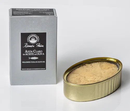 Vista 2 de Ramon Pena Atún aleta amarilla enlatado en aceite de oliva Lata Ramon Pena Silver Line 3 latas de 3.88 oz