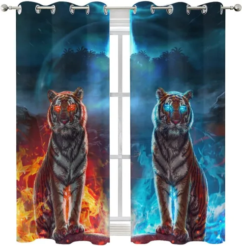Vista 8 de Cool King of The Forest - Cortinas opacas con diseño de tigre anime, fantasía, animal, fuego, tigre, hielo, con ojales, ahorro de energía, 2
