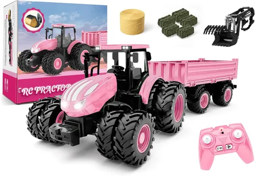 Vista 9 de Uarzt Tractor de juguete a control remoto con remolque Juego de vehículos de granja de metal con luces y diseño de 8 ruedas, camión tractor RC