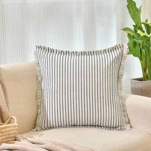 Vista 2 de Fundas de almohada ZWJD de 16 x 16 pulgadas, juego de 2 fundas de almohada a rayas con borlas, fundas de almohada de algodón chic, fundas de cojín