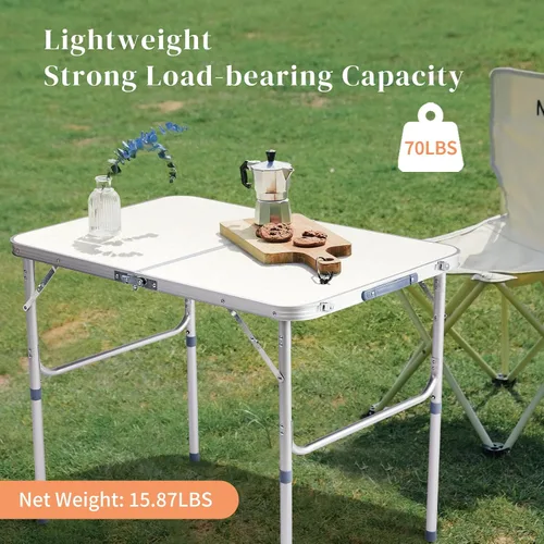 Vista 6 de Mesa plegable de aluminio, mesa de campamento multiusos para picnic, mesa rectangular portátil y ajustable, color blanco