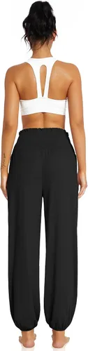 Vista 4 de UEU Pantalones de yoga holgados casuales para mujer, cintura alta, estilo bohemio, pijama con bolsillos