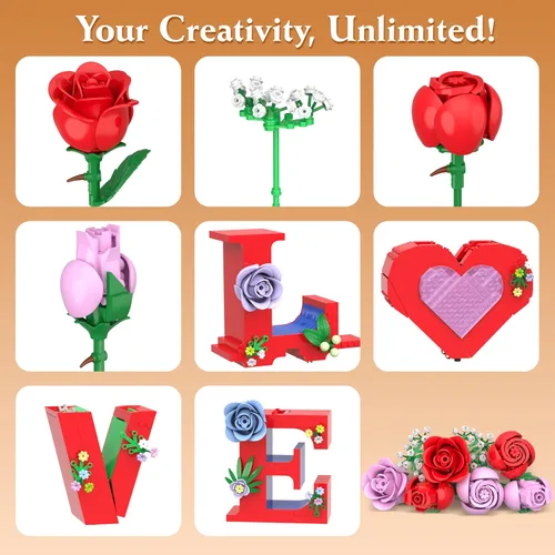 Vista 4 de QIFUN Juego de construcción de florero de corazón romántico de amor, 1216 piezas de ramo de flores de rosas para adultos, regalos creativos