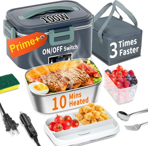 Vista 12 de Lonchera eléctrica térmica para adultos con 2 envases de 1.8L, interruptor de encendido/apagado de alimentación y 0.6L de doble capa, calentador