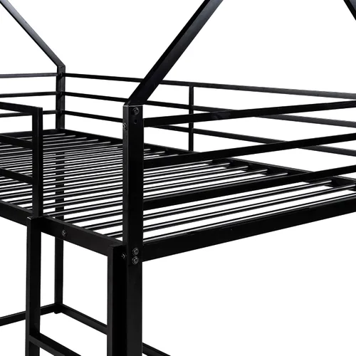 Vista 6 de Litera de casa individual sobre cama individual con escalera convertible integrada, diseño de casa de juegos de dormitorio, marco de cama de metal