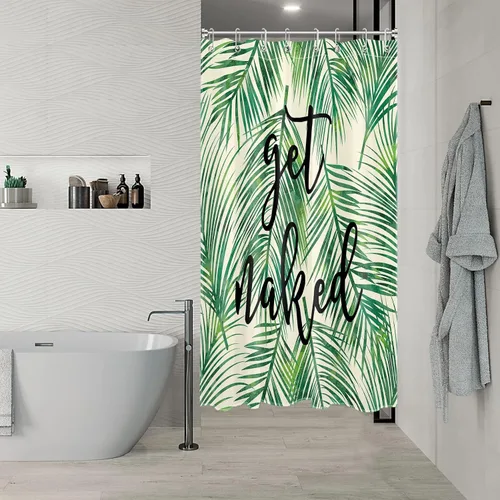 Vista 4 de LB Cortina de ducha de plantas de hojas verdes tropicales, citas divertidas y hojas de palma en cortinas de ducha beige para baño, tela de poliéster